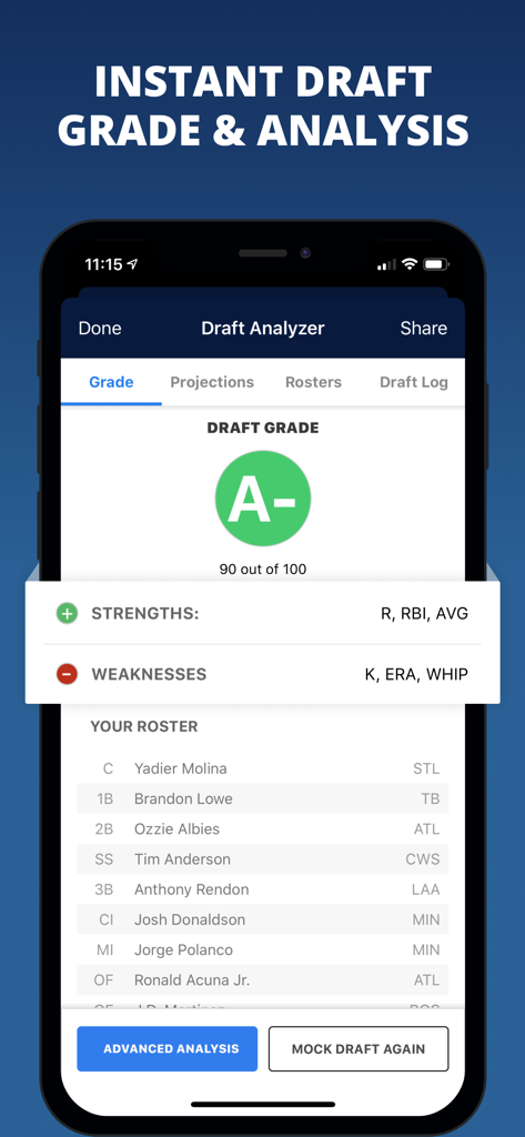 Aplicativo Fantasy Baseball Draft Wizard mostrando uma nota de mock draft de A menos com análise dos pontos fortes e fracos do time.