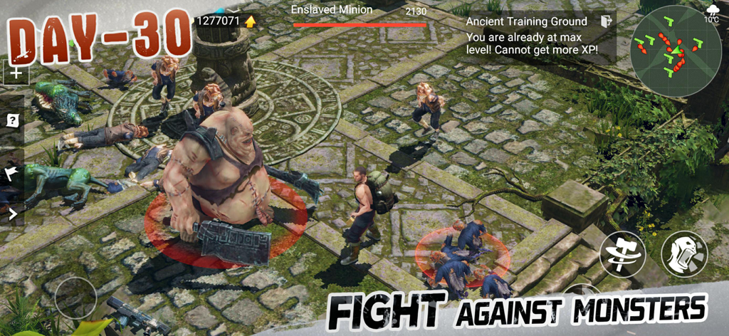 A player character fighting a large mutant boss and zombies in the LOST in BLUE survival game