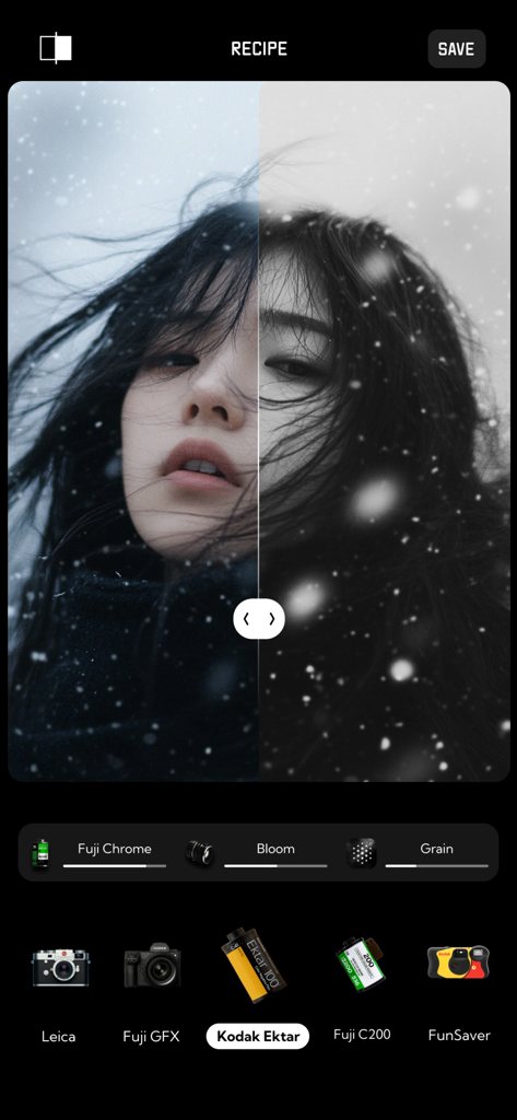 FilmRoll - Film Camera Recipe - Interface of the FilmRoll app showing a comparison of film camera recipes on a portrait