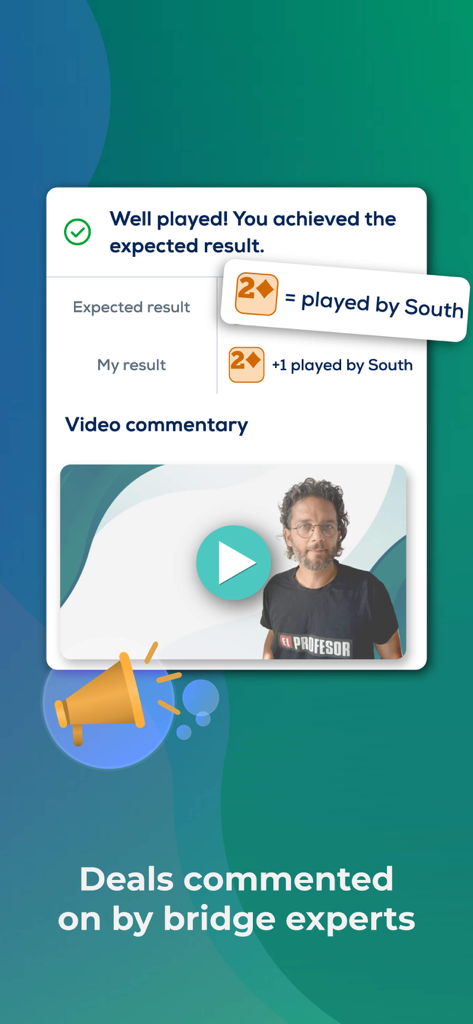A screen in the Fun Bridge app showing video commentary from a bridge expert analyzing a game result.
