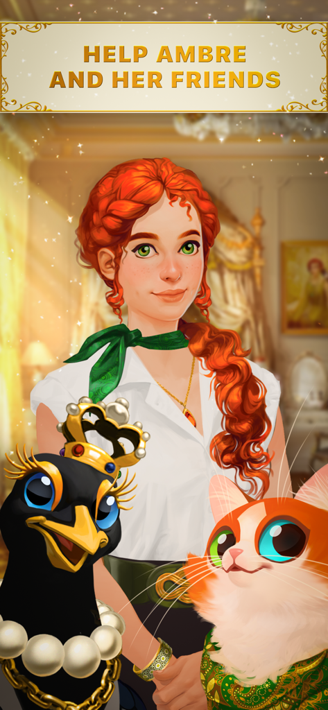 Dazzly Stories: Ambre's Secret - Ambre standing with her magical animal companions Nina the Magpie and Hugo the Cat.