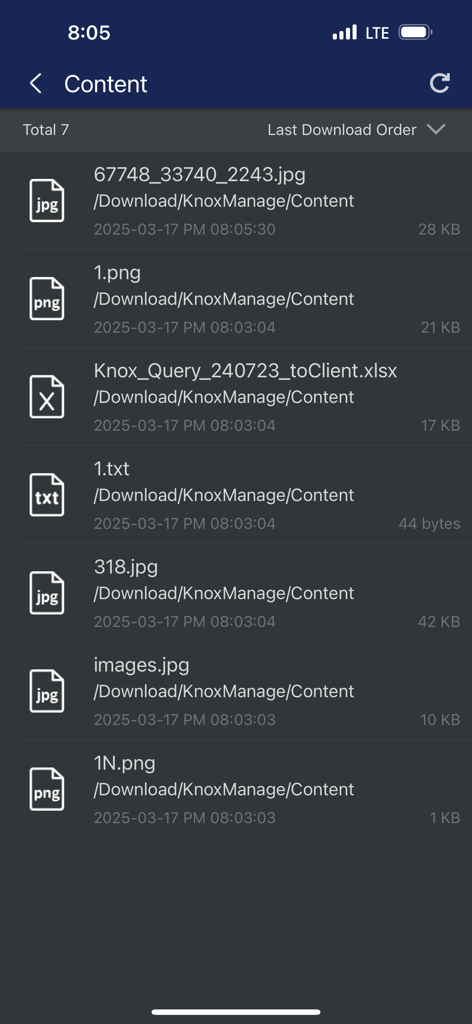 Samsung Knox Manage app interface showing a list of downloaded corporate files and documents