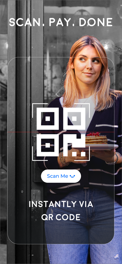 Carlo App - A woman holding a plate of food behind a large QR code overlay with the text scan pay done