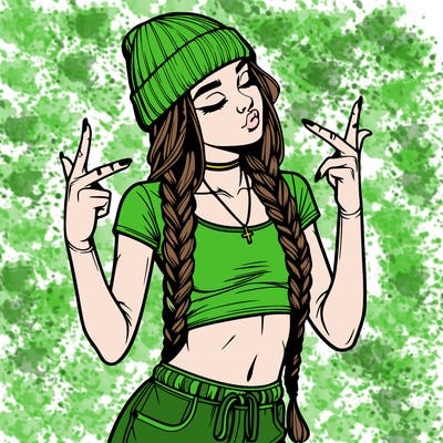 realistic teenage girl with braids and a beanie and crop top doing 🫶🏼