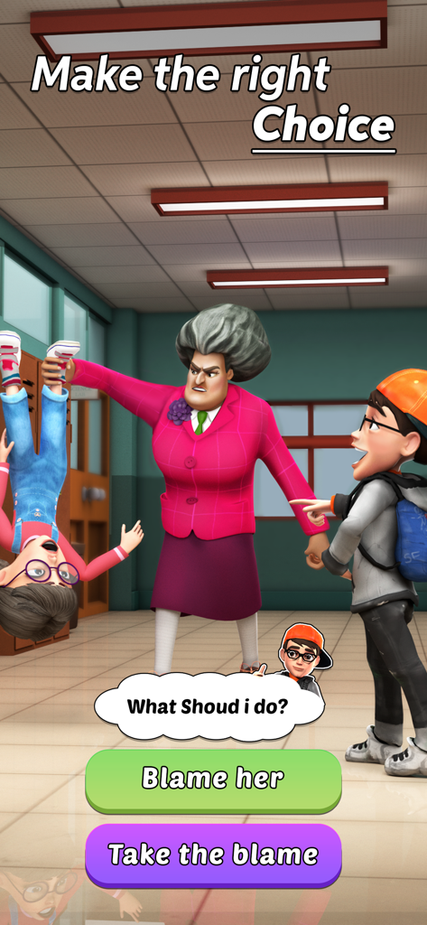 A game scene showing a decision between blaming a friend or taking the blame from the scary teacher Miss T