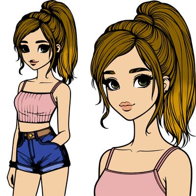 realistic teen girl with short high pony and jean shorts
