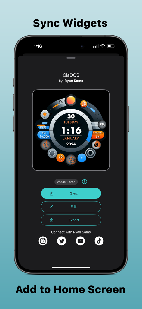 Custom Widgets by Clockology - iPhone screen showing a custom GlaDOS widget interface with options to sync, edit, and export.