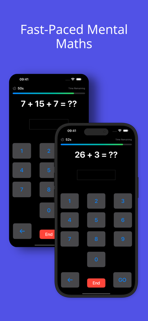 Quick Maths - Mental Mastery - Dos iPhones mostrando desafíos de suma mental de ritmo rápido con un teclado numérico.