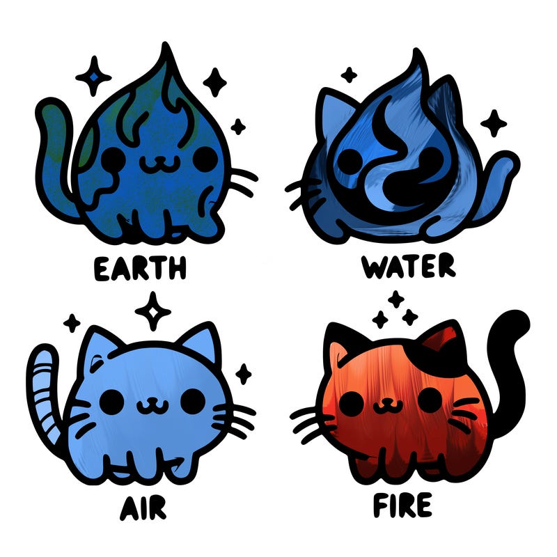 4 cats that represent the different elements, earth, water, air, and fire
