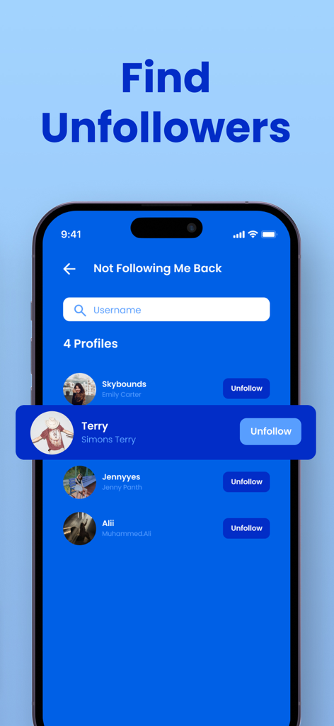 Unfollowers Unfollow Tracker - Captura de pantalla de la aplicación Rastreador de Dejadez de Seguidores mostrando usuarios que no siguen de vuelta con botones para dejar de seguir