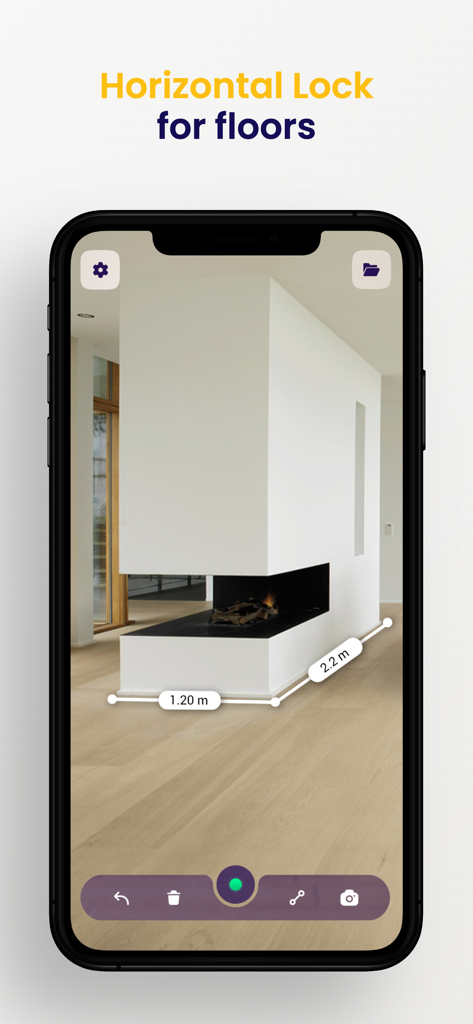 Measure Tools: AR Ruler Camera - Aplicación Herramientas de Medición mostrando mediciones de suelo horizontales de un espacio de sala de estar usando AR.