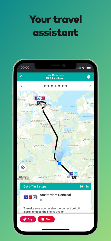 Glimble: public transport - Glimble app screen showing a live transit map and a notification to get off in two stops.