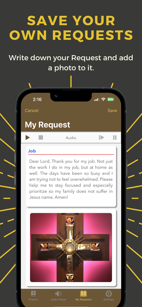 Padre Pioアプリのモバイル画面。宗教的な十字架の写真が付いた個人的な祈りのリクエストが表示されます。