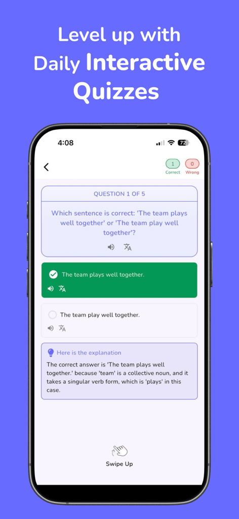 MySivi AI English Speaking App - MySiviアプリのインターフェース。文の訂正問題と解説付きの毎日のインタラクティブな英語文法クイズを表示している。