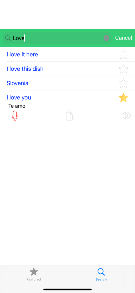 Learn Spanish Language Offline - Search screen of the Learn Spanish Offline app showing translations for phrases with the word love.