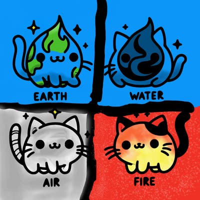 4 cats that represent the different elements, earth, water, air, and fire