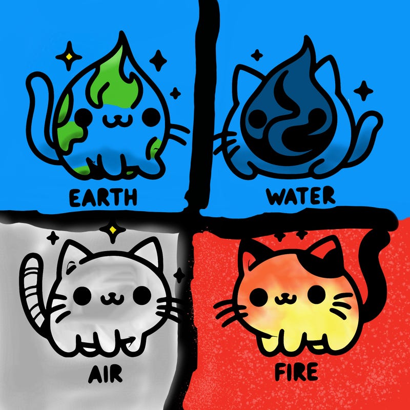 4 cats that represent the different elements, earth, water, air, and fire