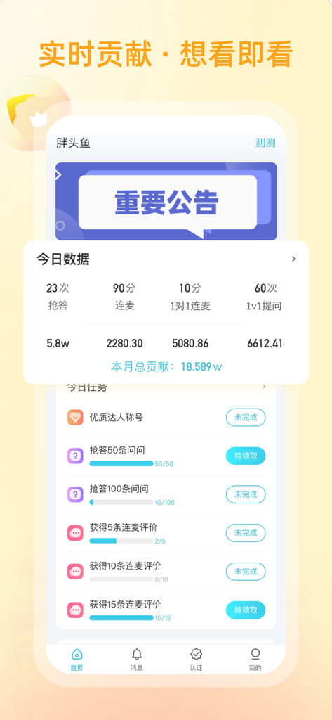 Performance tracking dashboard for experts showing daily data and task progress in the CeCe Master Edition app.