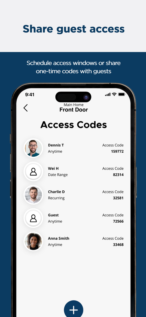 Interface de l'application Weiser affichant une liste de codes d'accès invités et d'options de programmation pour une serrure intelligente