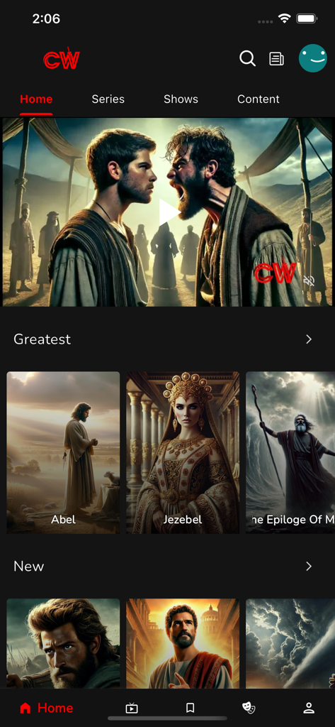 Celestial Witnesses - Pantalla de inicio de la aplicación móvil Celestial Witnesses con miniaturas cinematográficas de personajes bíblicos como Abel y Jezabel