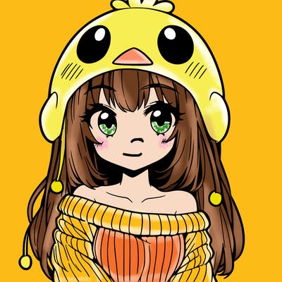 anime girl with chick shaped hat with sweater with bare shoulders with bangs covering them one eye with low tail