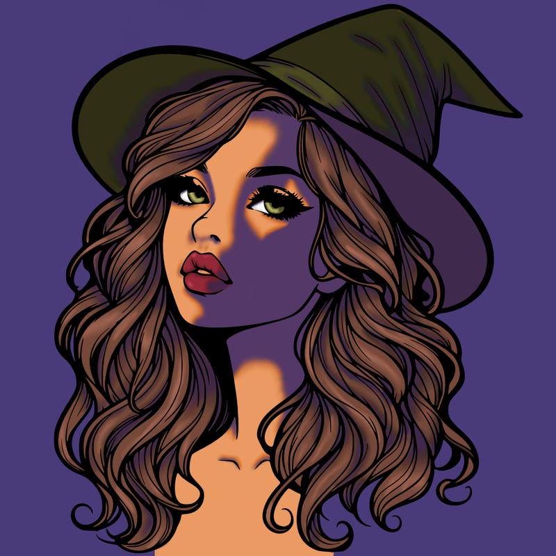 realistic witch girl with wavy hair and lips