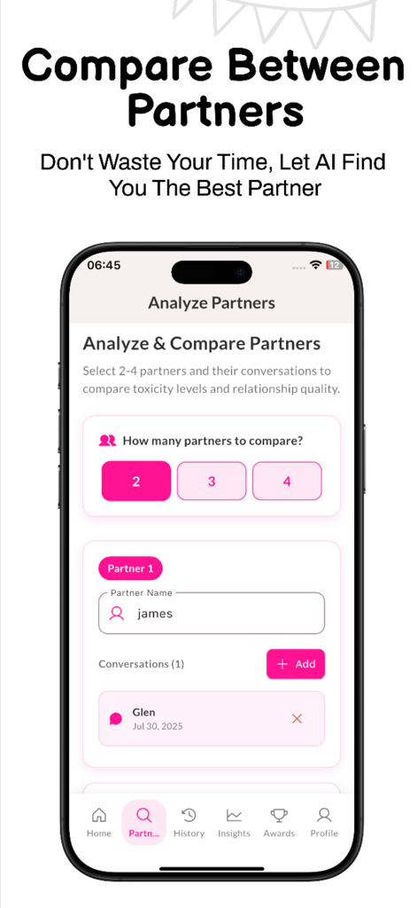 Red Flag Scanner Ai - Red Flag Scanner Ai app interface for comparing relationship toxicity and quality between different partners.