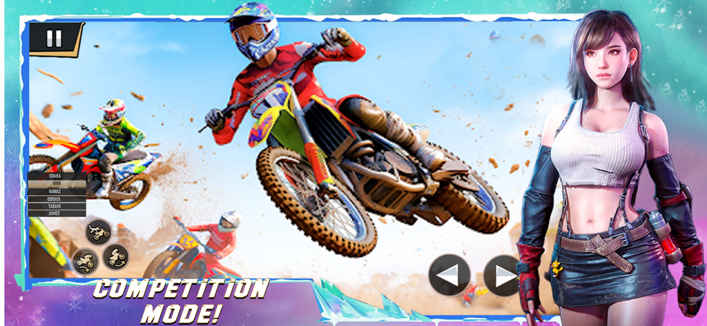 Dirt Bike Racing Simulator 3D - 모토크로스 라이더들이 점프하는 모습을 보여주는 Dirt bike racing simulator 3D 경쟁 모드 게임 플레이.