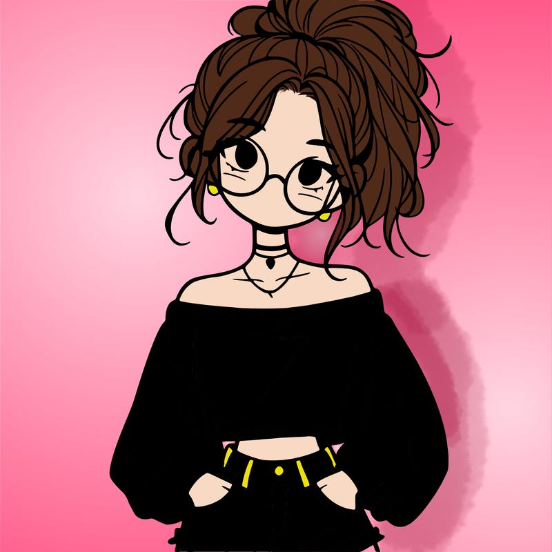 girl with a messy ponytail glasses a baggy crop top and jean shorts