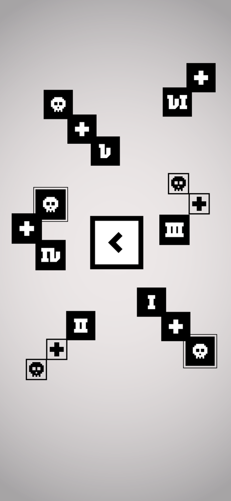 A minimalist black and white screen from the KLAC spatial word puzzle game featuring geometric tiles with symbols