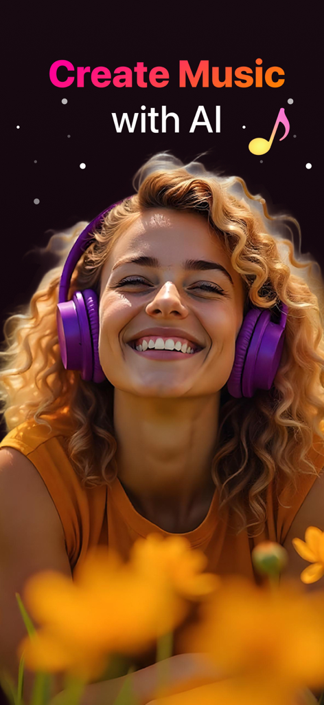 Harmo: Generator Music Song AI - A smiling woman wearing purple headphones while creating music with the Harmo AI app