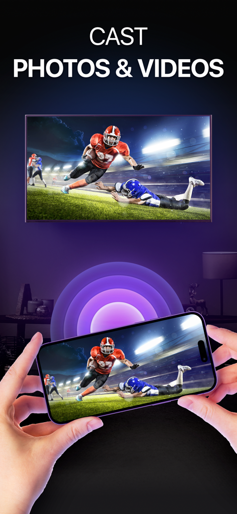 An iPhone casting a football game video onto a large smart TV screen.