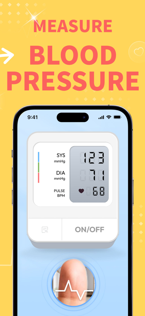 Heart Rate: Pulse Monitor & BP - A smartphone screen displaying the blood pressure measurement feature with systolic and diastolic readings