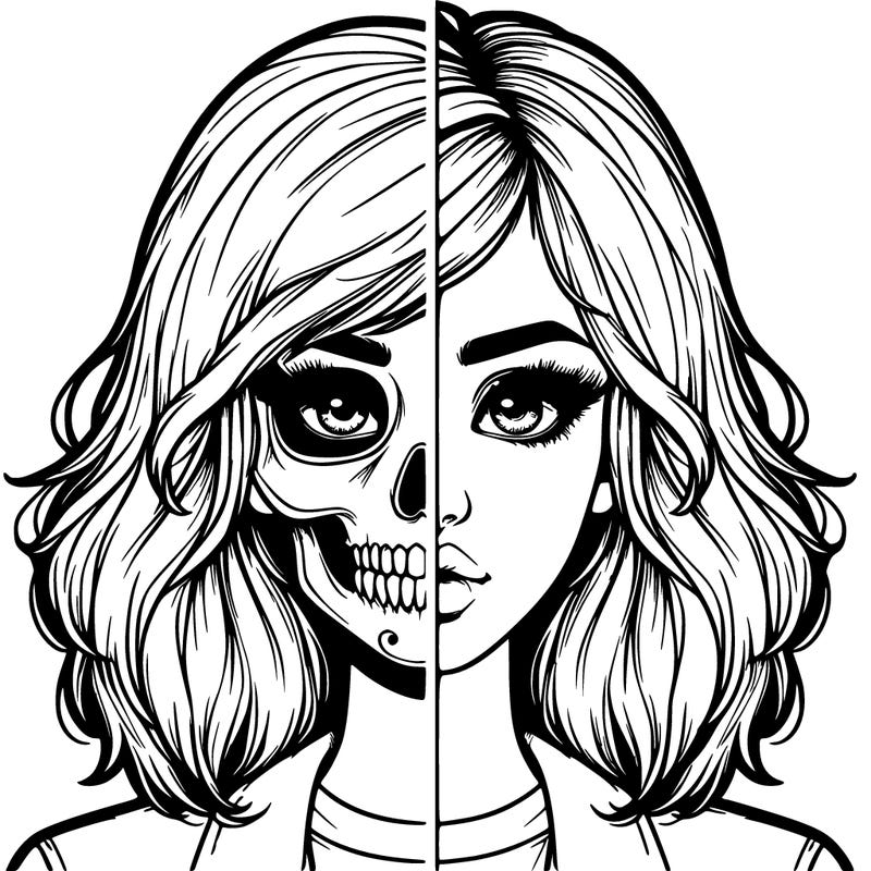 realistic girl with half skull mask