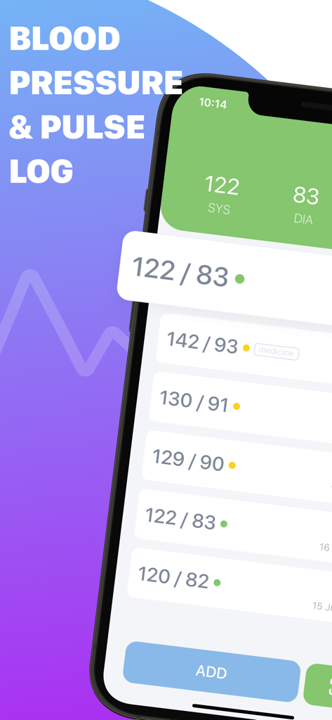 Blood Pressure App: Log Diary - iPhone screen displaying a list of blood pressure readings and pulse history in a digital health tracker