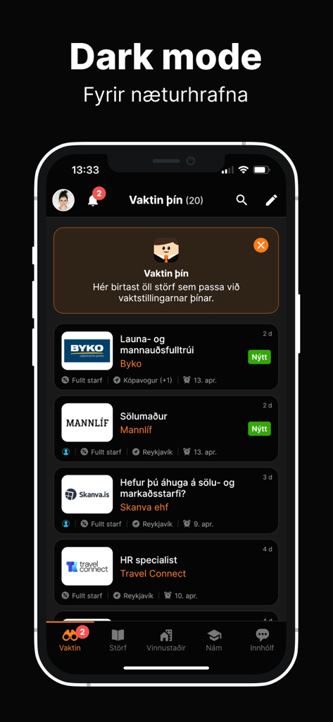 Alfred-Jobsuche-App-Oberfläche im Dunkelmodus, die eine Liste von Stellenangeboten und Benachrichtigungen anzeigt
