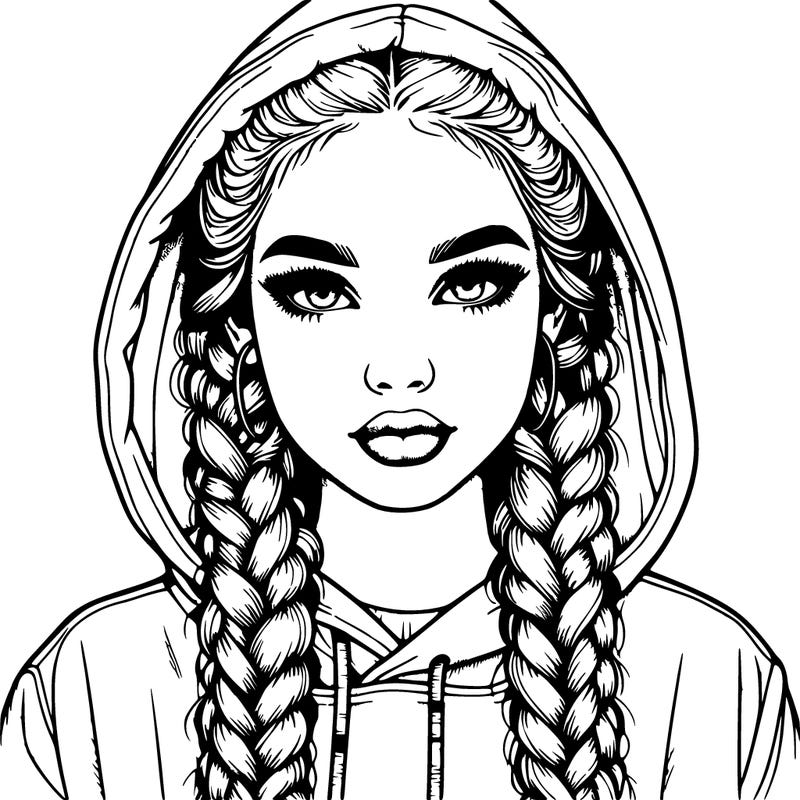 realistic girl with braids and a hoodie with the hood covering her head