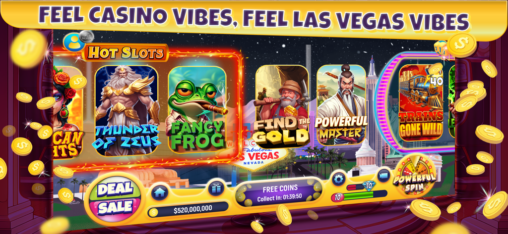 NG Slot - Vegas Casino Games - 다양한 슬롯 머신 게임과 날아다니는 금화를 특징으로 하는 NG Slot 앱 로비