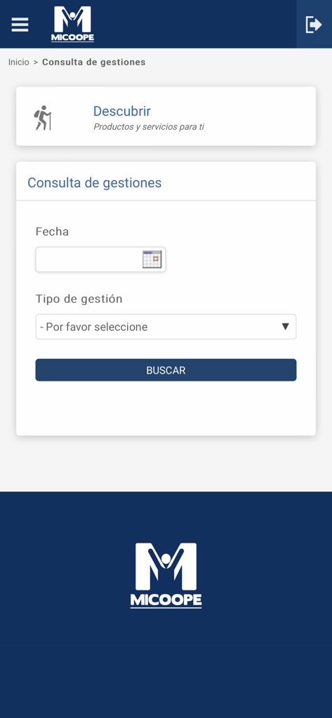 Micoope en Linea - Pantalla de búsqueda para consultas de gestión en la aplicación móvil Micoope en Linea