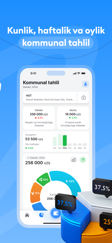 HGT - kommunal ilova - HGT mobile app dashboard showing daily weekly and monthly utility consumption statistics with colorful charts