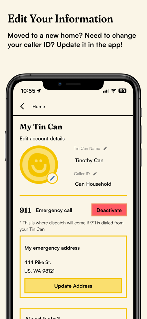 Tin Can - Companion App - Interface of the Tin Can companion app showing options to edit caller ID and update the emergency emergency 911 address