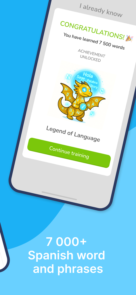 AI Spanish Minute - AI Spanish Minuteアプリの目標達成画面。7500語学習達成を祝福しています