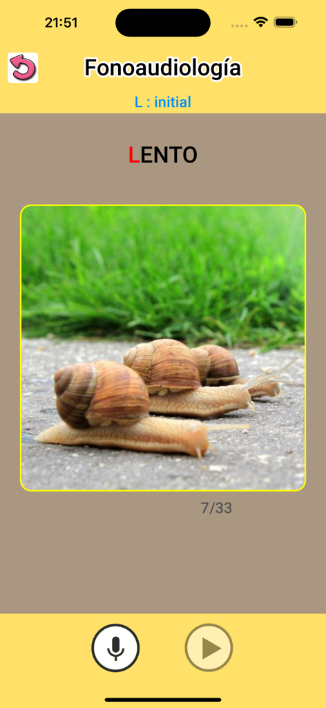 Fonoaudiología : ejercicios CL - Interfaz de la aplicacion Fonoaudiologia mostrando un ejercicio para el fonema L con la palabra Lento y una imagen de caracoles.