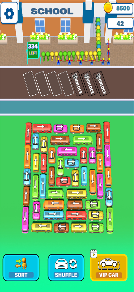 Bus Out Frenzy Traffic Jam - Gameplay screenshot of Bus Out Frenzy showing a colorful traffic jam puzzle with passengers waiting in line