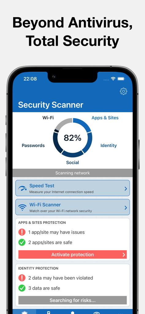 Dashboard of the MyTop Mobile Security AI app showing a security scanner with progress and protection status for Wi-Fi and apps