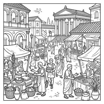 Immerse yourself in the vibrant world of ancient Rome with this intricate coloring page. Featuring bustling market stalls, busy merchants, and grand architecture, it offers a captivating glimpse into historical daily life.