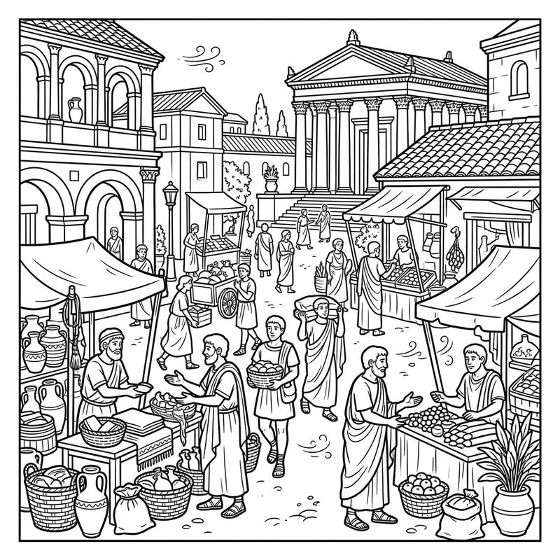 Immerse yourself in the vibrant world of ancient Rome with this intricate coloring page. Featuring bustling market stalls, busy merchants, and grand architecture, it offers a captivating glimpse into historical daily life.