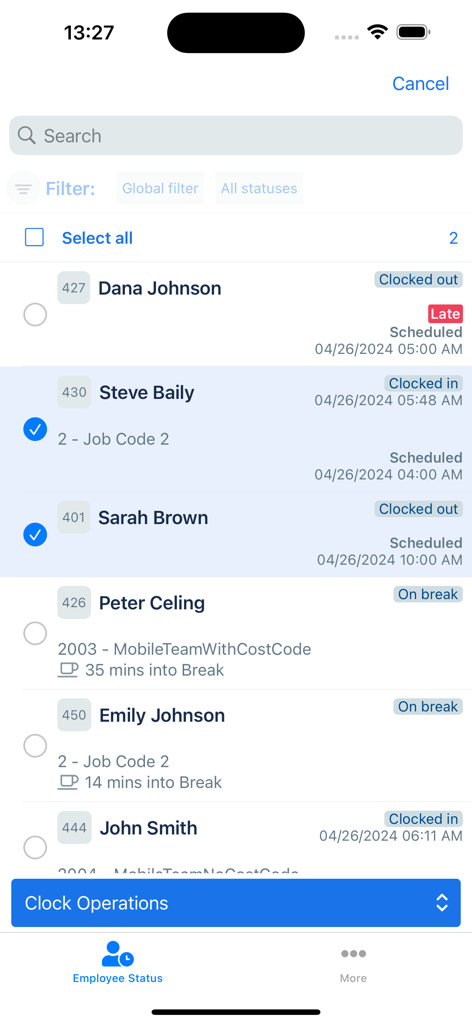 TimeClock Plus Manager - TimeClock Plus Manager mobile screen showing employee attendance list with statuses like clocked in and on break