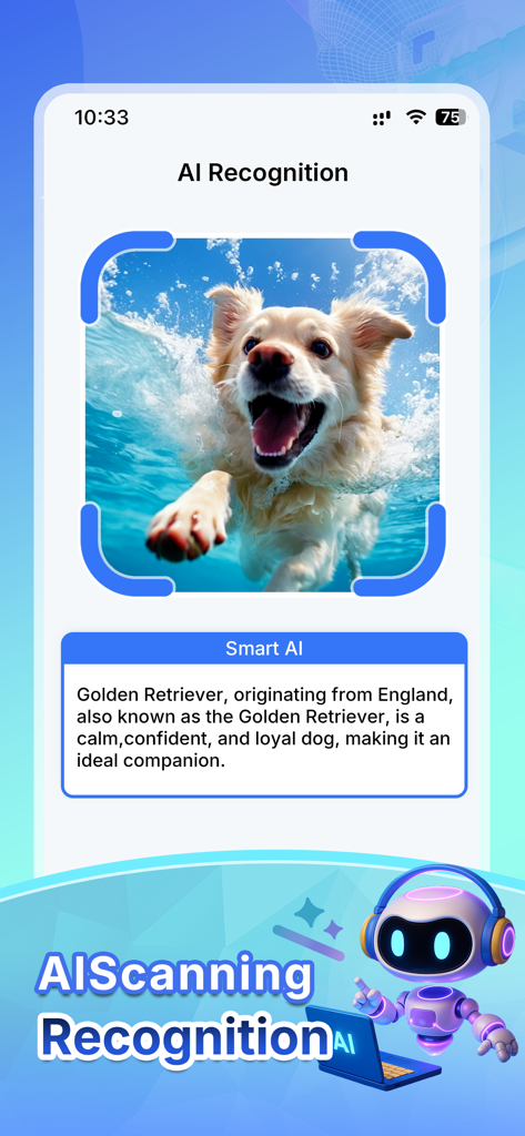Smart Scanner app interface identifying a dog using AI recognition