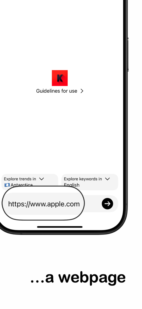 Screenshot of the KAI app interface showing a webpage URL input for keyword analysis.
